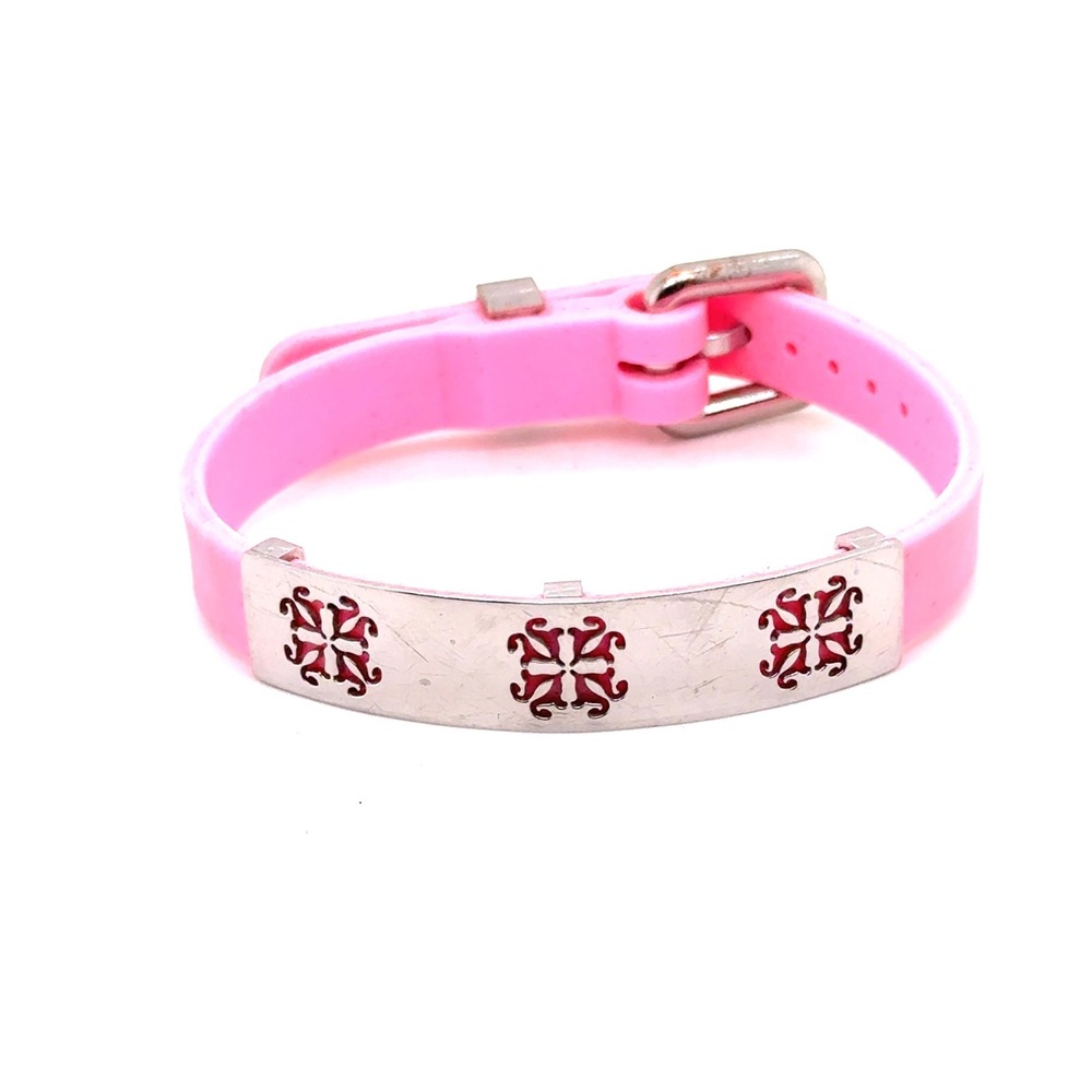 Rustic Cuff Pink Silicone Buckle Bracelet Silver Tone Quatrefoil Cutout Plate